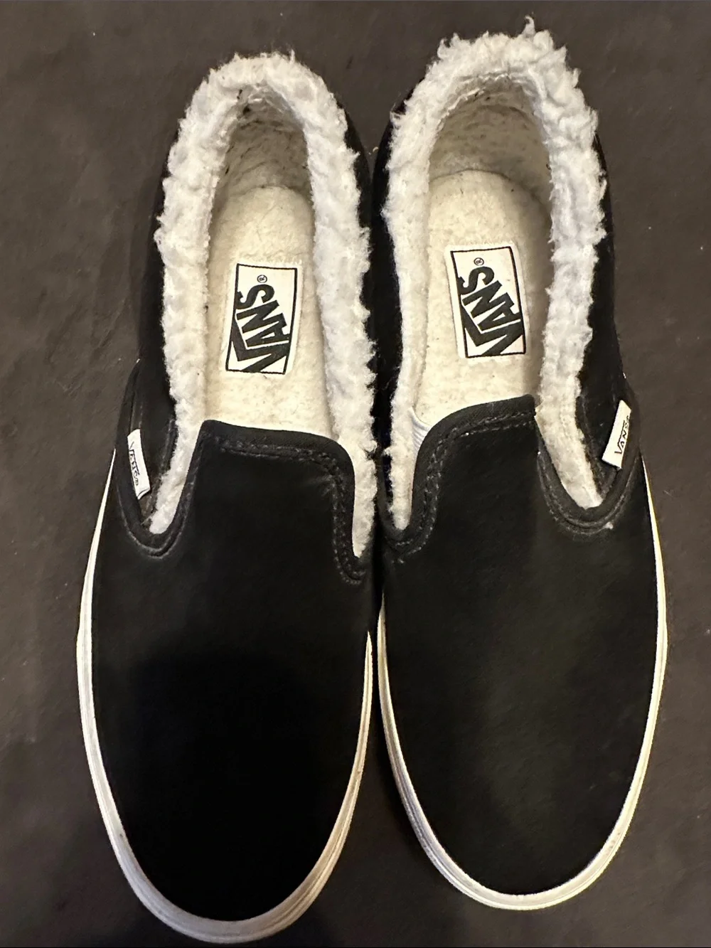 Vans Black Slip-On Sneakers with White Faux Fur Trim